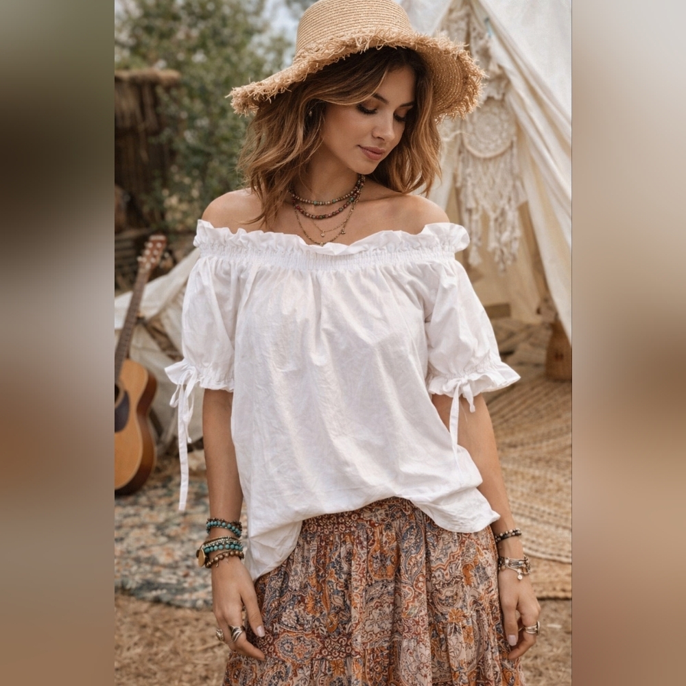 Farrow White Off-Shoulder Boho Peasant Blouse Ruffled Smocked Top Sz S #670